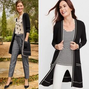 Talbots Womens Open Front Cardigan M Black White Trim Preppy Classic Old‎ Money
